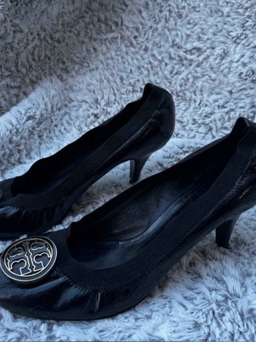 Tory Burch Black Patent Leather Logo heels with Gold Medallion